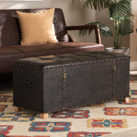Baxton Studio JY20B055L-Dark Brown-Large Otto Janna Rustic Transitional Dark Brown Faux Leather Upholstered and Oak Brown Finished Wood Storage Ottomani